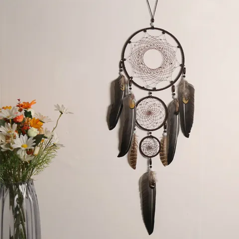 Handgefertigter Kaffeebrauner Drei Ring Traumfänger Mit Naturfedern Perlen Böhmischer Großer Wandbehang Für Schlafzimmer Heimdekor