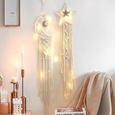Atrapasueños de Macramé Bohemio Luna Estrella Decoración de Pared Tejida a Mano Borlas Luces LED Dormitorio Adorno Hogar