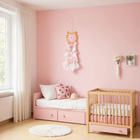 Attrape-Rêves en Forme de Tête de Chat Décoration Murale Avec Plumes et Pompons pour Chambre de Fille Fait Main Moderne