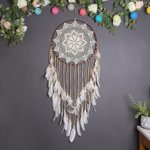 Großer Boho Traumfänger Wandbehang Mit Weißen Federn Holzperlen Eisenring Häkelarbeit Für Hochzeit Schlafzimmer Zuhause Deko