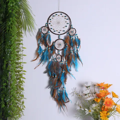 Atrapasueños Bohemio Retro Con Plumas y Cuentas Hecho a Mano Decoración de Pared de Cinco Anillos para Hogar Sala de Estar Dormitorio Regalo