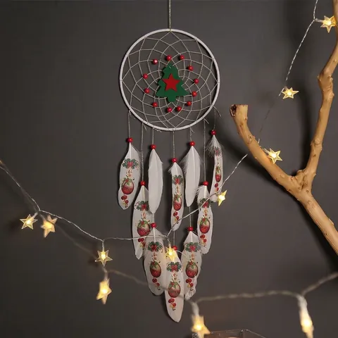 Weihnachten Traumfänger Wandbehang Deko Weiße Feder Grüner Filzbaum Handgemachtes Festliches Ornament Haus Wohnzimmer Geschenk