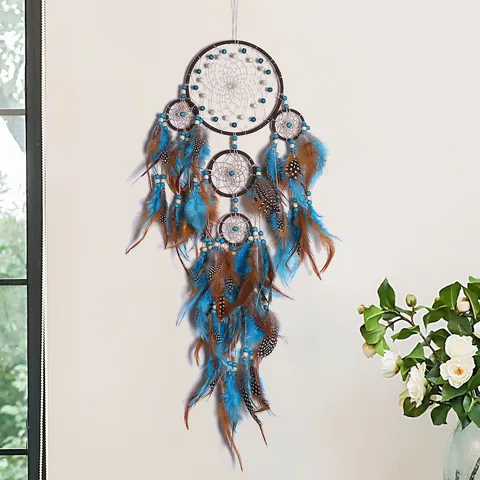 Atrapasueños Bohemio Retro Con Plumas y Cuentas Hecho a Mano Decoración de Pared de Cinco Anillos para Hogar Sala de Estar Dormitorio Regalo