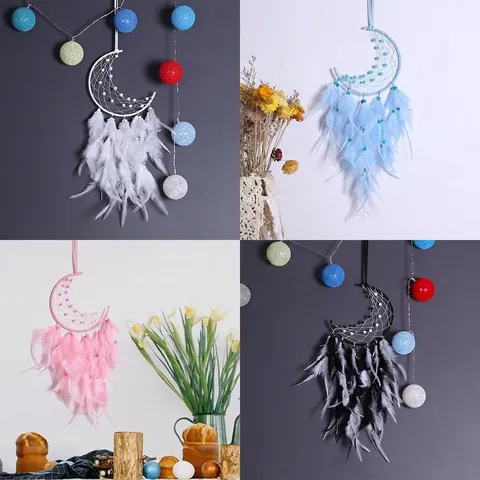 Atrapasueños de Luna Hecho a Mano Decoración Colgante de Pared de Plumas Boho Dreamcatcher Con Luces LED para Dormitorio Hogar