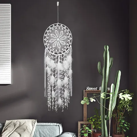 Ins Style White Dream Catcher Wall Hanging Decor Handmade Crochet Lace Feather Iron Ring Bohemian Wedding Home Decoration Gift