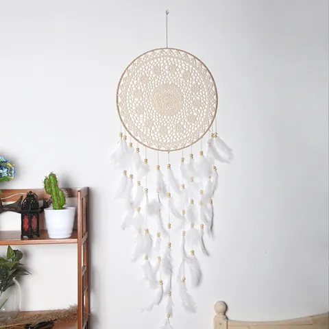 Böhmischer Handgewebter Traumfänger Großer Runder Mandala Spitzen Wandbehang Weißer Federquasten Ornament Für Schlafzimmer Wohnzimmer Haus Dekoration