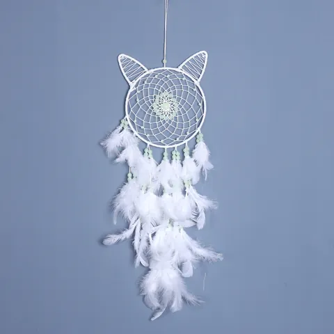 Handgemachte Leuchtende Katzenkopf Traumfänger Feder Windspiel Wandbehang Dekoration Für Kinderzimmer Heimdekoration