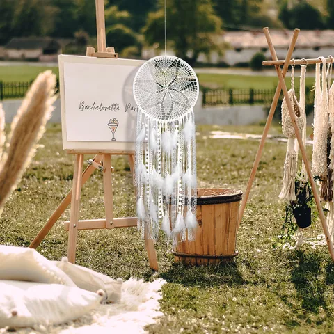 Ins Style White Dream Catcher Wall Hanging Decor Handmade Crochet Lace Feather Iron Ring Bohemian Wedding Home Decoration Gift