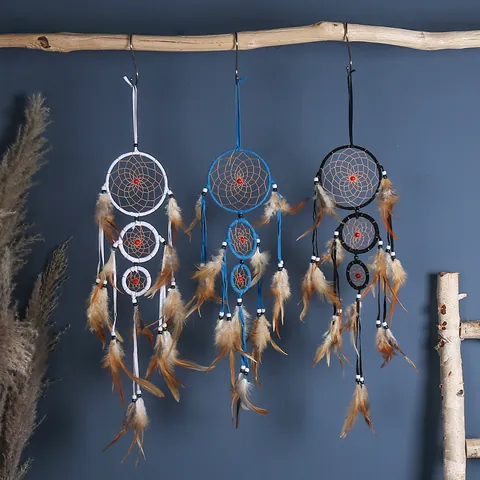 Atrapasueños de Tres Aros Hecho a Mano con Plumas Naturales Cuentas Estilo Bohemio Adorno Colgante para Hogar Dormitorio