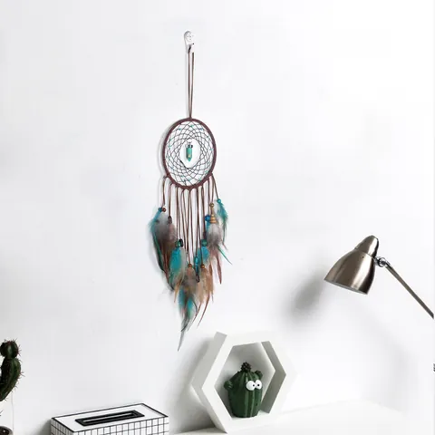 Simple Turquoise Dreamcatcher Single Ring Feather Pendant Creative Home Wall Hanging Decor With LED Light Bohemian Bedroom Decor