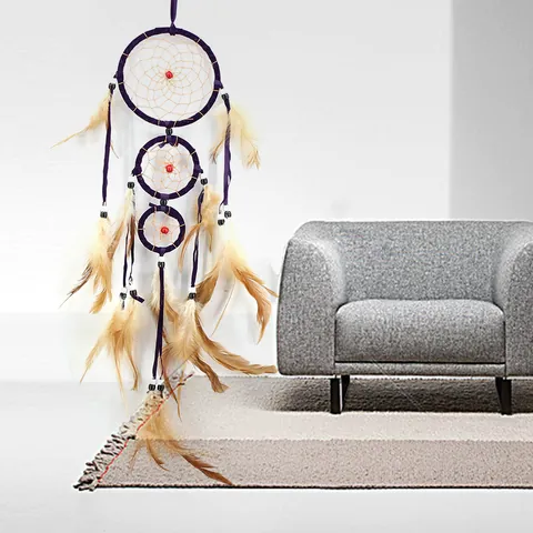 Atrapasueños de Tres Aros Hecho a Mano con Plumas Naturales Cuentas Estilo Bohemio Adorno Colgante para Hogar Dormitorio