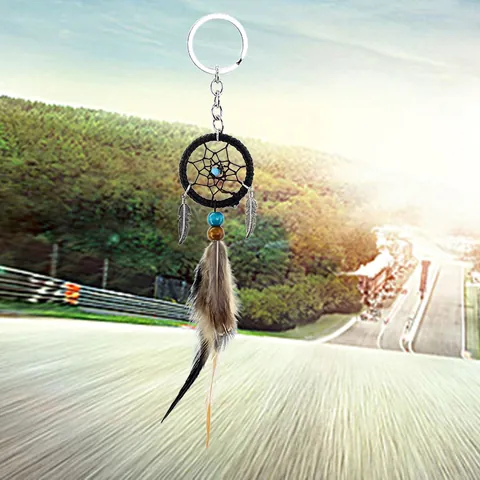 Llavero Mini Atrapasueños Hecho a Mano Adorno Colgante Coche Con Pluma Real Acero Inoxidable Decoración De Pared Boho