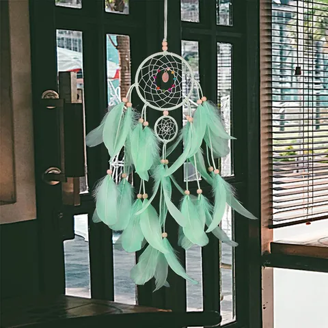 Atrapasueños de Plumas Hecho a Mano Decoración de Pared Con Luz LED Romántico Doble Aro Boho Ornamento de Pared para Dormitorio Regalo de Cumpleaños