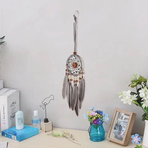 Retro Pumpkin Gear Dreamcatcher Hanging Decoration Grey Feather Handmade Woven Wall Decor For Home Car Bedroom Office Gift