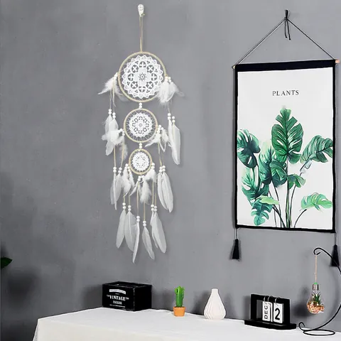 Handgefertigter Böhmischer Drei Ring Traumfänger Mit Weißen Federn Perlen Spitze Stickerei Home Wandbehang Deko Hochzeitsgeschenk