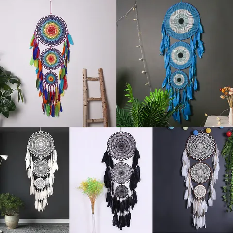 Atrapasueños Grande Hecho a Mano de Tres Anillos Círculos Concéntricos Ganchillo Hierro Decoración Colgante Con Plumas Para Boda Hogar