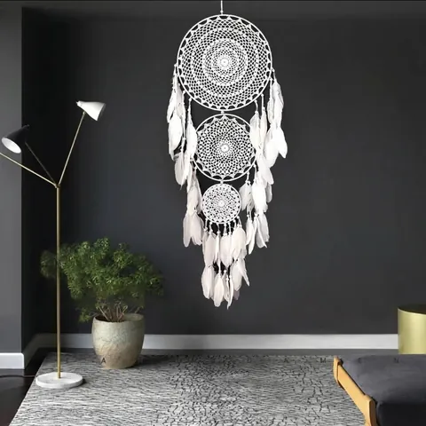 Atrapasueños Grande Hecho a Mano de Tres Anillos Círculos Concéntricos Ganchillo Hierro Decoración Colgante Con Plumas Para Boda Hogar