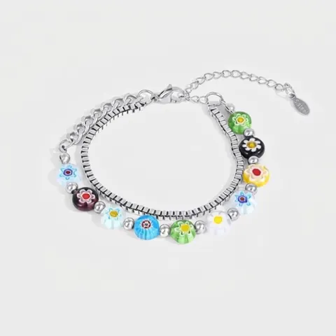Dopamin Mehrfarbig Glas Blume Doppelschichtig Armband Edelstahl Millefiori Perlenkette Armband Schmuck Für Damen