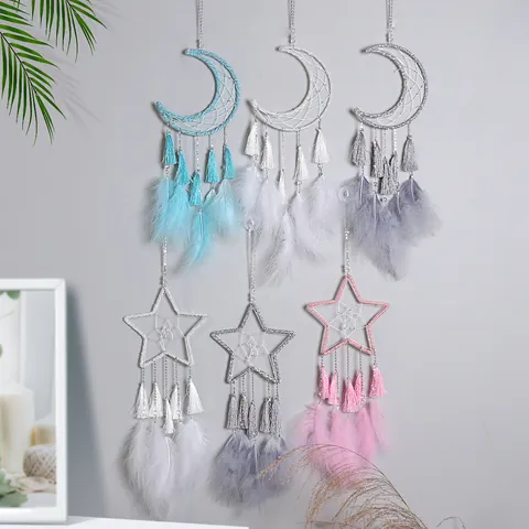 Atrapasueños Moderno Minimalista Macaron de Hierro Estrella Luna Decoración de Pared Con Pluma Borla Decoración de Habitación Tejida