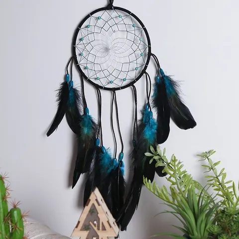 Capteur de Rêves Fait à la Main Décoration Murale Bohème Noir Bleu Plumes de Paon Anneau en Fer Tissé Ornement pour Chambre Maison Décor