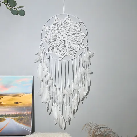 Böhmischer Handgefertigter Weißer Traumfänger Große Spiralspitze Wandbehang Mit Federn Perlen Für Zuhause Schlafzimmer Wohnzimmer Dekoration