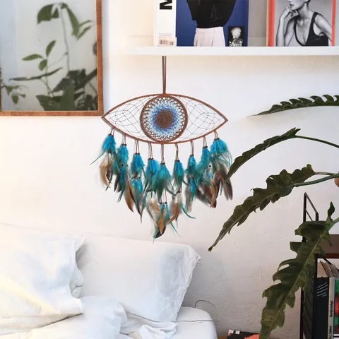 Evil Eye Dreamcatcher Wall Hanging Bohemian Woven Home Decor Feather Tassel Wall Art For Bedroom Living Room Decoration Blue Brown
