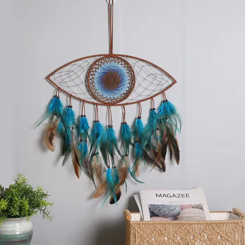 Evil Eye Dreamcatcher Wall Hanging Bohemian Woven Home Decor Feather Tassel Wall Art For Bedroom Living Room Decoration Blue Brown