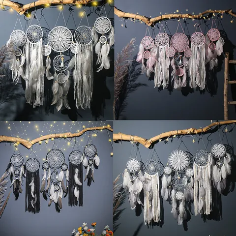 Juego de Atrapasueños de Pared Bohemio Hecho a Mano con Plumas y Borlas de Encaje Decoración de Pared para Dormitorio Sala de Estar Hogar