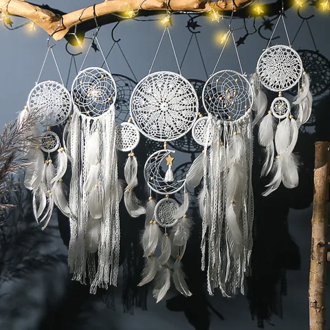 Juego de Atrapasueños de Pared Bohemio Hecho a Mano con Plumas y Borlas de Encaje Decoración de Pared para Dormitorio Sala de Estar Hogar