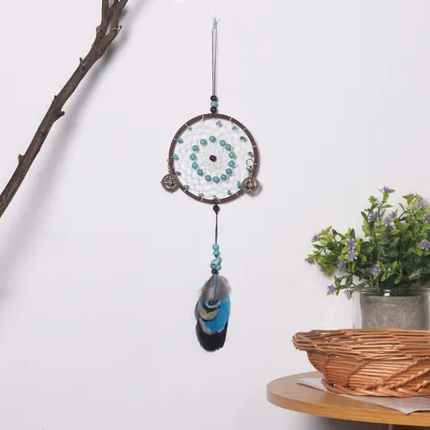 Atrapasueños Creativo Retro Adorno Colgante Para Hogar Coche Con Plumas Naturales Cuentas Turquesa Amuletos Brújula Metal
