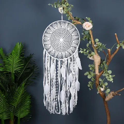 Handmade Bohemian Dream Catcher Wall Hanging Nordic Crocheted Lace Pendant With White Feathers Cotton Rope Decor For Home Wedding