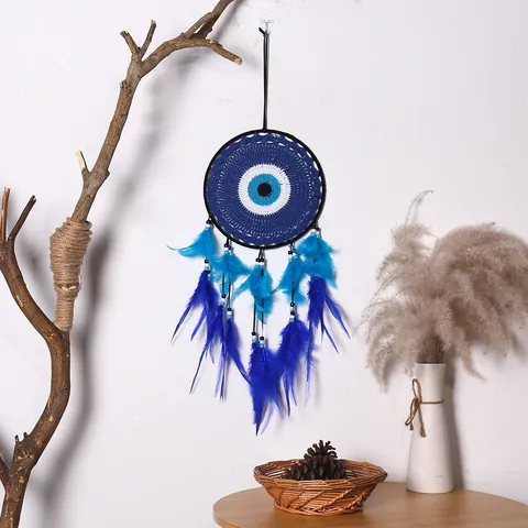 Attrape Rêves Mauvais Œil Fait Main Décoration Murale Tissée Plumes Bleues Style Bohème Indien Ornement Maison Cadeau