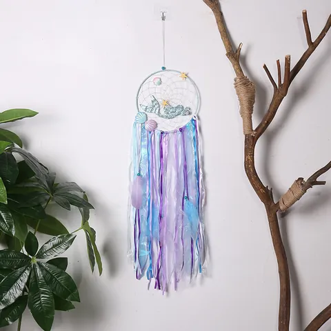 Attrape-Rêve Style Océan Sirène Décoration Murale Plumes Colorées Ruban Paillettes Pour Chambre d'Enfant Filles Maison