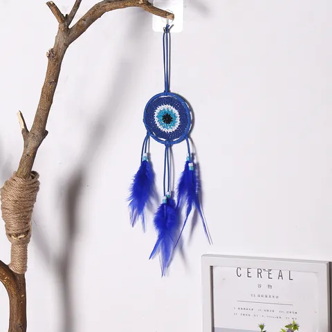 Attrape-Rêve Mauvais Œil Style Indien Fait à la Main Décoration Murale Anneau en Fer Plume Tissé Bleu pour Maison Chambre Ornement Mural