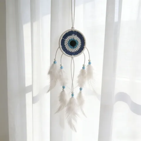 Attrape-Rêve Mauvais Œil Style Indien Fait à la Main Décoration Murale Anneau en Fer Plume Tissé Bleu pour Maison Chambre Ornement Mural