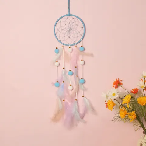 Atrapasueños Bohemio Hecho a Mano Decoración de Pared Con Plumas de Colores Pompones para Dormitorio de Niños Hogar Adorno