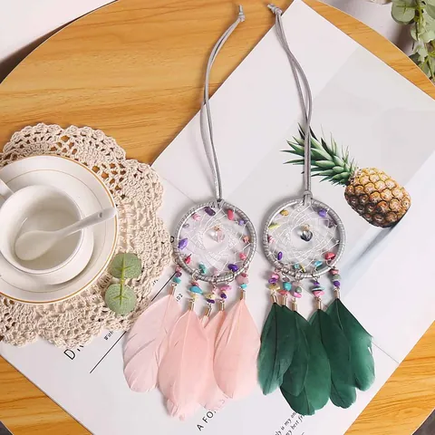 Handmade Bohemian Dreamcatcher Pendant With Natural Gravel And Feathers Iron Ring Woven Wall Hanging Decor For Home Car Office Women Gift
