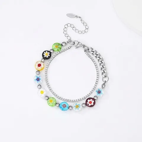 Dopamin Mehrfarbig Glas Blume Doppelschichtig Armband Edelstahl Millefiori Perlenkette Armband Schmuck Für Damen