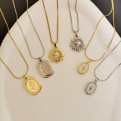 Vintage Titanstahl Halskette Für Damen Elegant Rose Sternenschliff Kompass Anhänger Halskette Gold Silber Strass Schmuck Geschenk