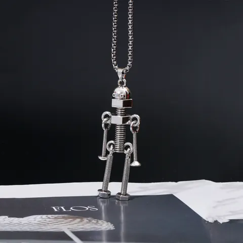 Collier Pendentif Robot à Vis Industriel Punk pour Hommes Femmes Hip Hop Argent Robot Mécanique Chaîne Longue de Pull