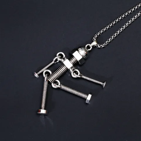 Collier Pendentif Robot à Vis Industriel Punk pour Hommes Femmes Hip Hop Argent Robot Mécanique Chaîne Longue de Pull