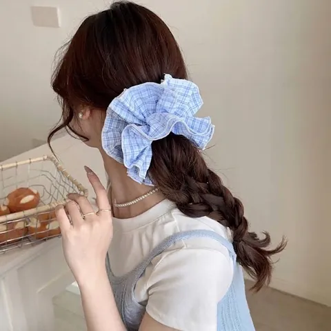 Fresh Plaid Scrunchies For Women Fabric Lace Trim Plaid Hair Tie Minimalist Gingham Hair Scrunchie Soft Fabric Ponytail Holder Hair Accessories