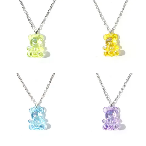 3D Gummy Bear Acrylic Pendant Necklace For Women Teen Girls Cute Y2K Sweet Resin Animal Charm Titanium Steel Chain Necklace