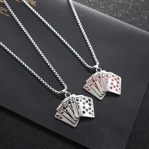 Hip Hop Titanium Steel Poker Card Royal Flush Pendant Necklace For Men Women Unisex Punk Streetwear Alloy Jewelry Gift