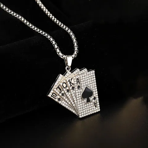 Hip Hop Poker Royal Flush Pendant Necklace For Men Titanium Steel Alloy Rhinestone Streetwear Jewelry Spade Heart Necklace