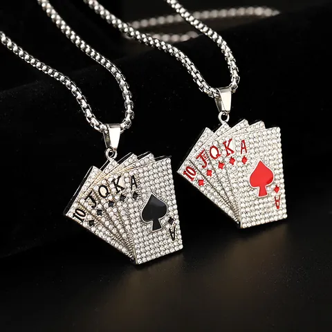 Hip Hop Poker Royal Flush Pendant Necklace For Men Titanium Steel Alloy Rhinestone Streetwear Jewelry Spade Heart Necklace