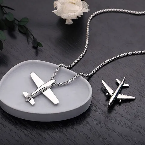 Collar con Colgante de Avión de Acero de Titanio Hip Hop para Hombres Mujeres Joyería de Avión de Aleación Galvanizada Plata Minimalista Cadena