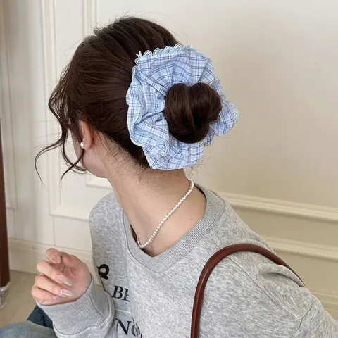 Fresh Plaid Scrunchies For Women Fabric Lace Trim Plaid Hair Tie Minimalist Gingham Hair Scrunchie Soft Fabric Ponytail Holder Hair Accessories