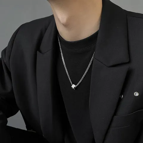 Titanium Steel Geometric Cube Pendant Necklace For Men Women Hip Hop Silver Polished Curb Chain Necklace Minimalist Jewelry
