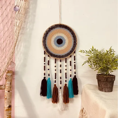 Bohemian Evil Eye Dreamcatcher Hand Woven Cotton Rope Wall Hanging Decor With Tassels Wood Beads For Home Living Room Bedroom Decoration
